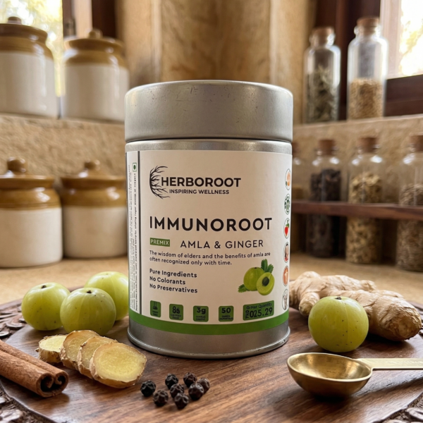 Herboroot Immunoroot Amla & Ginger Tea Premix — 50 servings tin, gluten-free, pure ingredients, no preservatives