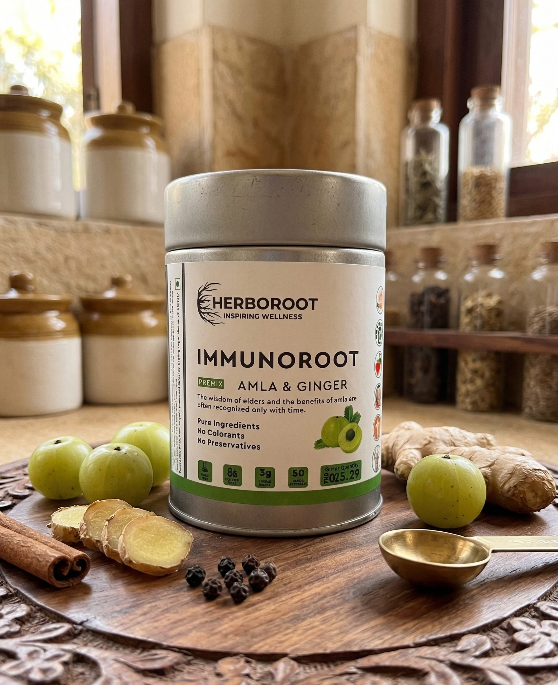 Herboroot Immunoroot Amla & Ginger Tea Premix — 50 servings tin, gluten-free, pure ingredients, no preservatives